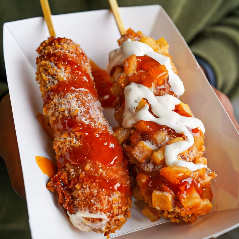 Two Chung Chun Rice Dogs, one with sugar and sauce, the other with fries, sauce, and mayo.