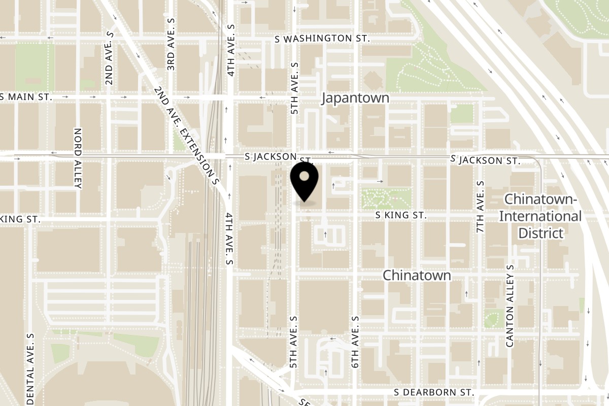 Map showing the location of Chung Chun Rice Dog Mochinut on 502 S King St in Seattle